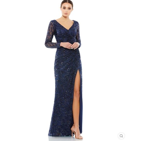 Mac Duggal 12412 Womens LONG SLEEVE RUCHED SEQUINED V-NECK GOWN Dress - Picture 2 of 15